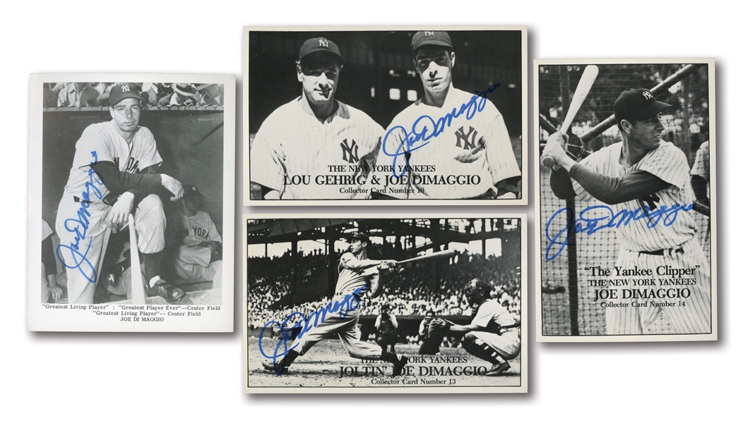 JOE DIMAGGIO TRIO OF AUTOGRAPHED UNION NOVELTY COMPANY CARDS (#S 10, 13 & 14) PLUS SIGNED PLAYER PHOTO-CARD